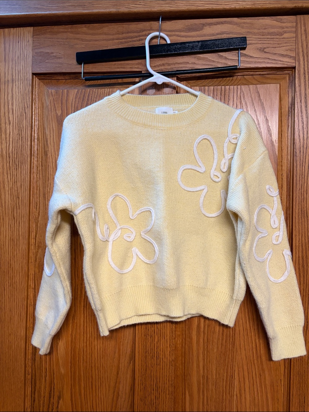 LNA Pale Yellow Crewneck Sweater with White Floral Trim